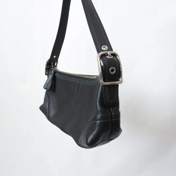 VINTAGE 90S COACH Leather Satchel Mini /Black W/ Green Stitching Chic & Sleek~ - Picture 5 of 11